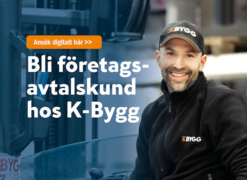 Person i svart K-Bygg-jacka vid lagertruck, överlagrad vit text och orange ansökningsknapp.