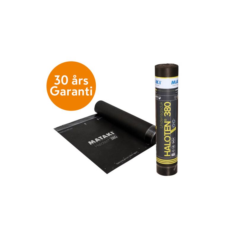 Två svarta byggfolierullar Mataki Haloten 380 med gulsvart etikett och orange 30-års garanti