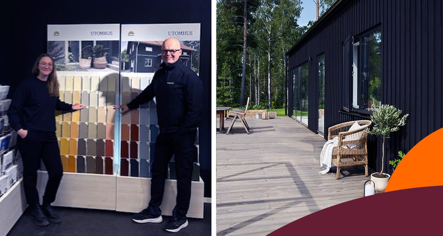 Två personer vid färgprovstavla i butik och ljus träaltan vid svart panelhus i skog