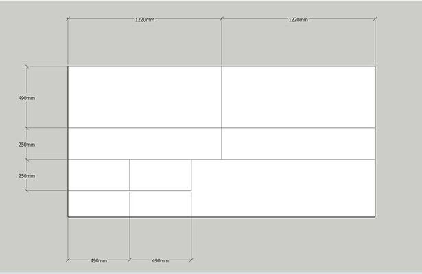 Vit planritning på ljusgrå bakgrund: 2440×990 mm rektangel indelad i tre rader med 2, 2 och 3 fält