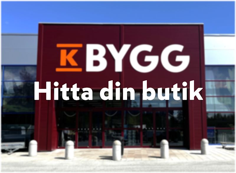 en byggnad med en stor skylt där det står "K BYGG". Under skylten finns mindre text som lyder "Hitta din butik".