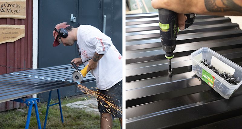 Person använder vinkelslip och borrmaskin på svart plåtskiva vid röd trävägg, orange gnistor.