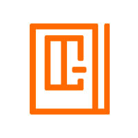 Orange linjeikon som föreställer en bok med stiliserade bokstäver C och E.