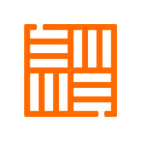 Orange kvadrat med rutmönster av tjocka lodräta och vågräta streck.