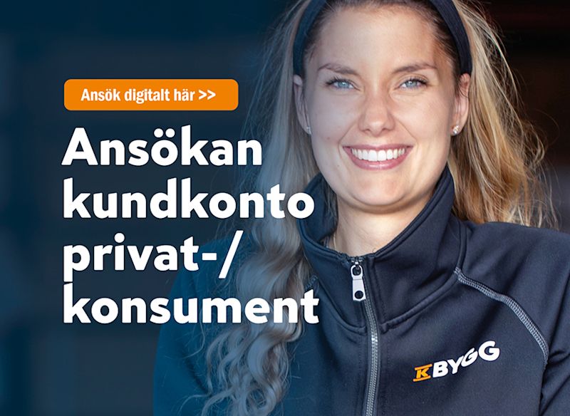 Person i mörk jacka med K Bygg-logga, blondt hår, text om kundkonto och orange ansökningsknapp