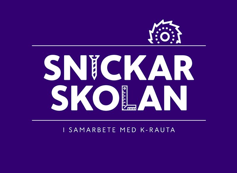 Vit text SNICKARSKOLAN med skruv- och linjal-ikon, sågklinga på lila bakgrund, samarbete med K-Rauta