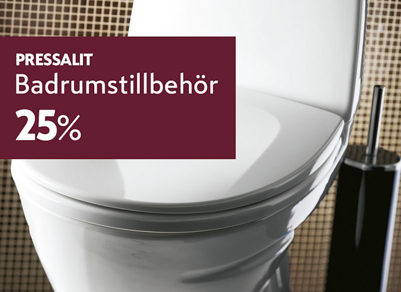 Vit WC-stol med en mörkröd informationsruta som reklamerar 25% rabatt på badrumstillbehör från Pressalit.