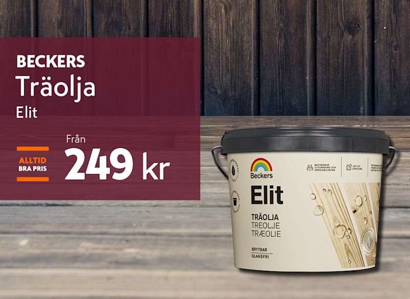 Beckers Träolja Elit placerad mot en träbakgrund. En kampanjyta lyfter priset från 249 kr, med fokus på träolja för behandling och skydd av trä.