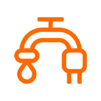 Orange ikon föreställande en vattenkran med en vattendroppe och ett eluttag