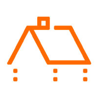 Orange stiliserad husikon med fyra pelare och liten skorsten.