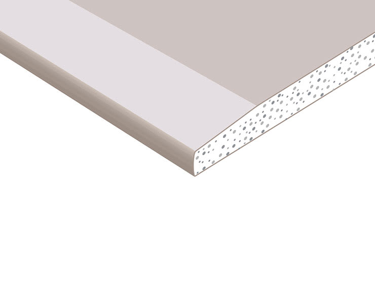 Snittbild av gipsskiva med ljusgrå yta och vit, prickig kärna mot vit bakgrund