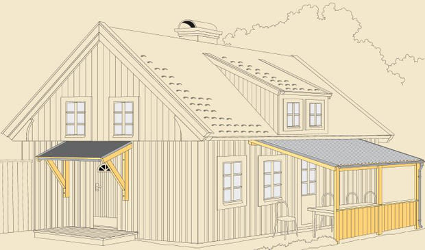 Illustration av beige trästuga med grått tak och gula altantak över entré och veranda.