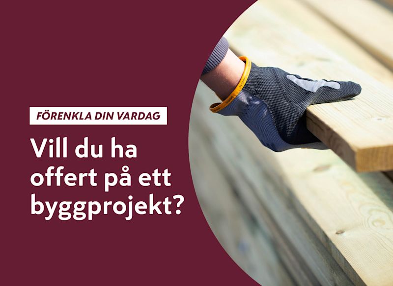 Vinröd bakgrund med vit text om offert på byggprojekt, hand i skyddshandske håller träplanka