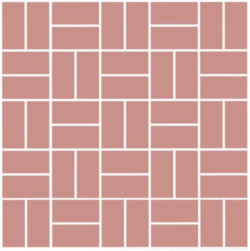 Rosa-beige rektangulära plattor i korgflätat mönster med vita fogar.