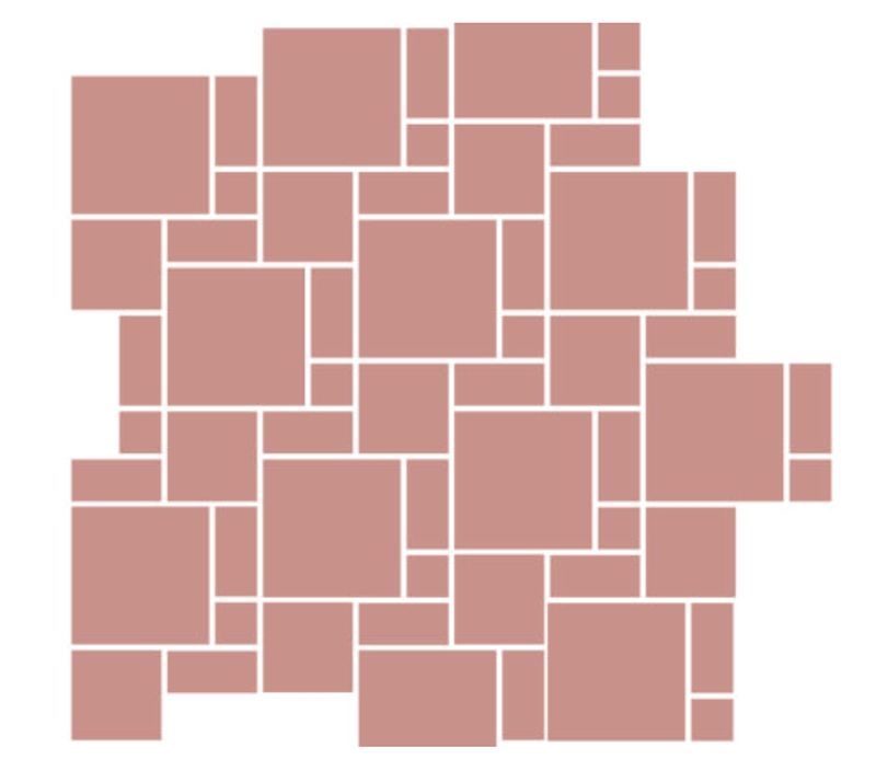 Mosaik av dammrosa rektanglar och kvadrater med vita mellanrum.