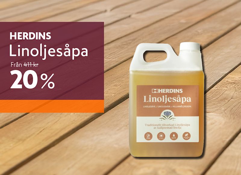 Herdins linoljesåpa i en dunk placerad på ett trädäck, med texten 20 % rabatt till vänster.