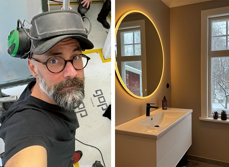 Verkstad med person i svart vid bil, beige badrum med vit kommod och upplyst rund spegel