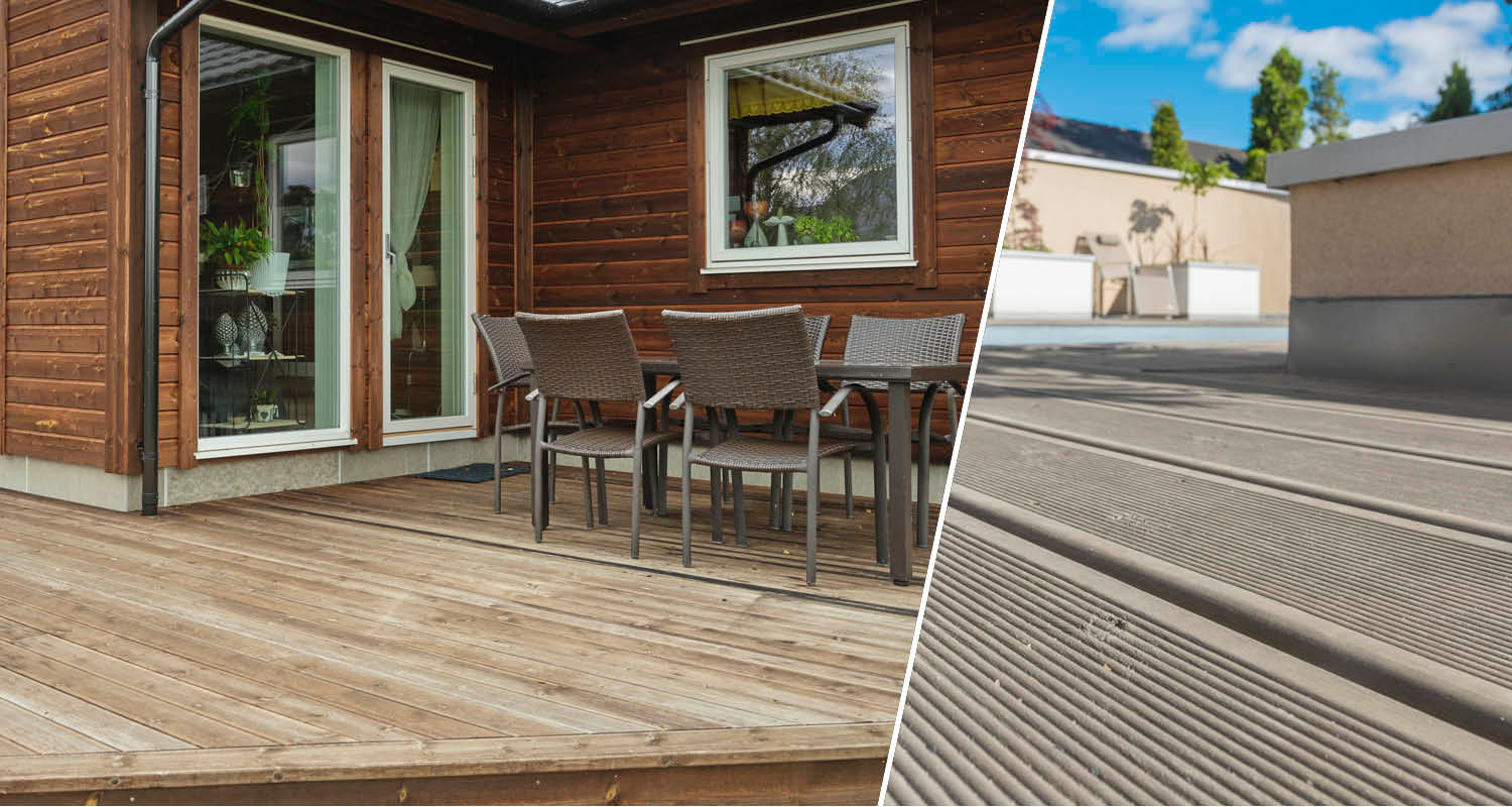 Uteplats med mörk träfasad, ljust trädäck, bord och rottingstolar bredvid grå ribbade komposittrall.