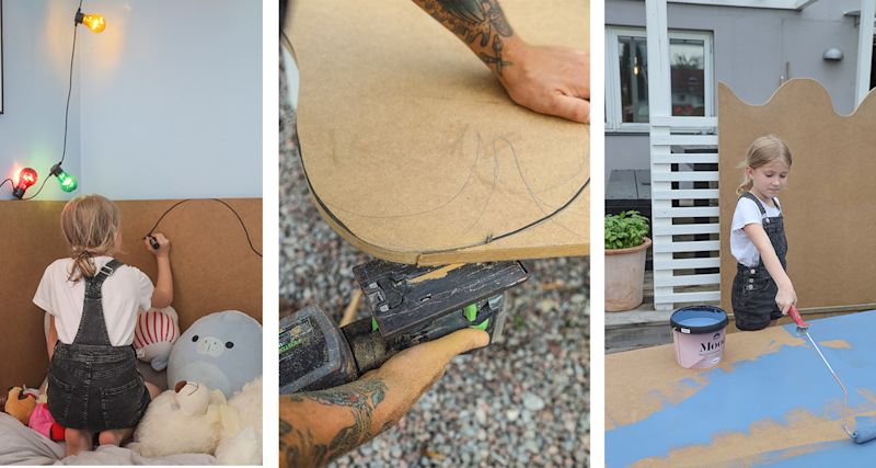 Barn ritar kontur på brun skiva, snickare sågar form, barn målar den blå.