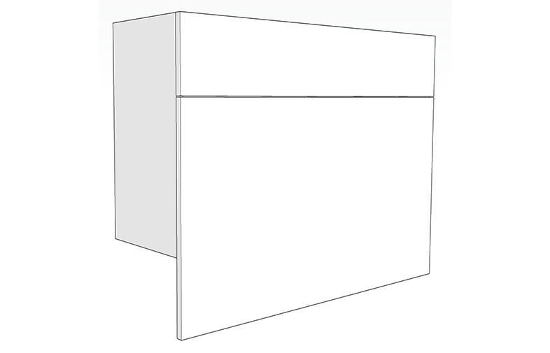 Linjetecknad 3D-bild av ett vitt skåp med gråskuggad vänstersida.