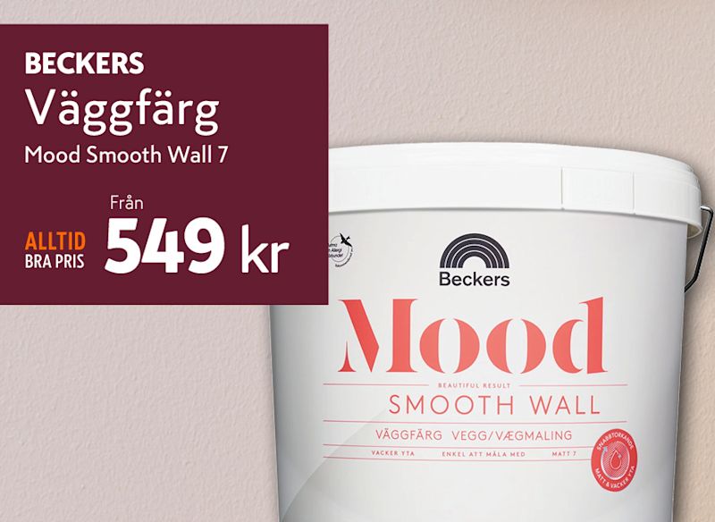 Beckers Mood Smooth Wall 7 Väggfärg
Matt väggfärg som ger en vacker, slät yta och är enkel att måla med.
Pris från 549 kr.