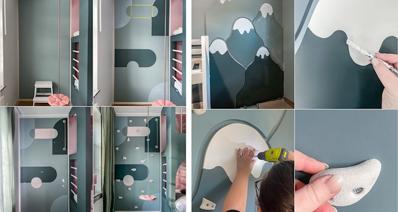 Turkos väggmålning med vita bergstoppar, rosa gunga och vita klättergrepp.