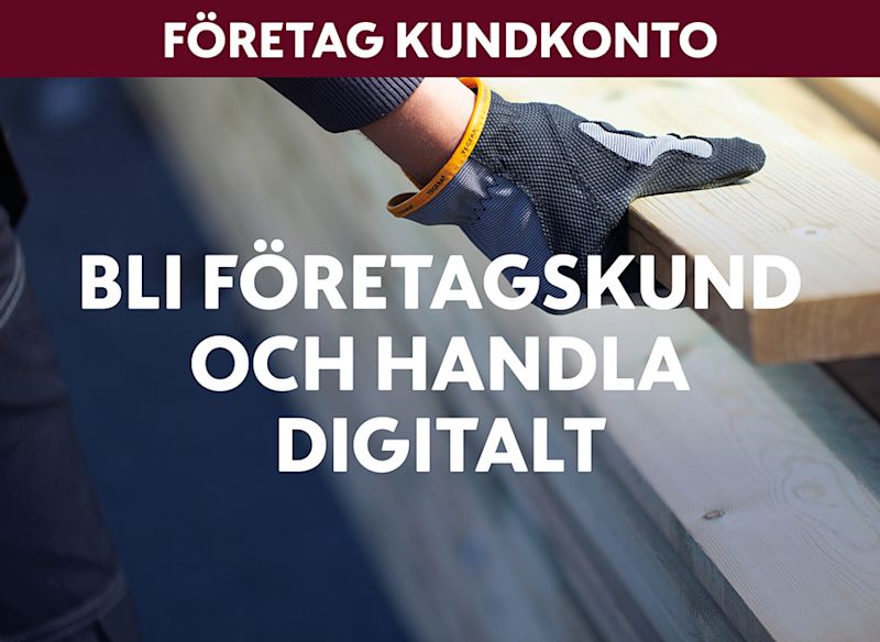 Mörk handske med gult armband lyfter träplanka framför vit text “Bli företagskund och handla digitalt”