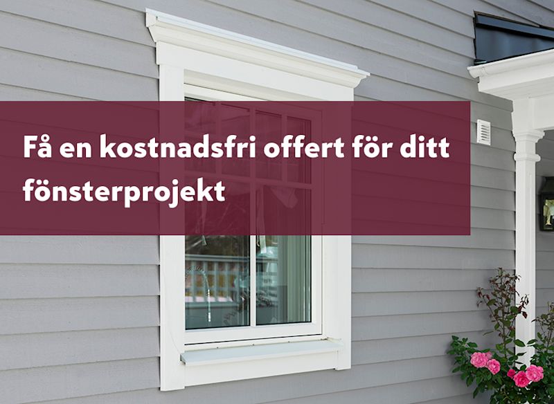 Vit fasad med fönster och budskap om kostnadsfri offert för fönsterprojekt.