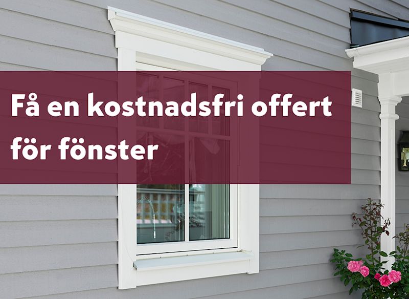 Vit fasad med fönster och budskap om kostnadsfri offert för fönsterprojekt.