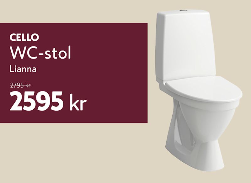 Vit WC-stol från märket Cello, modell Lianna, tillsammans med en prisruta där den kostar 2595 kr (tidigare 2795 kr).