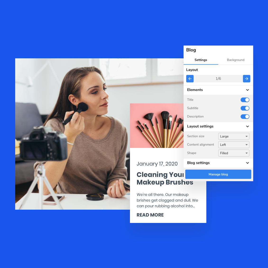 Beauty website with a beauty blogger filming herself in the background
