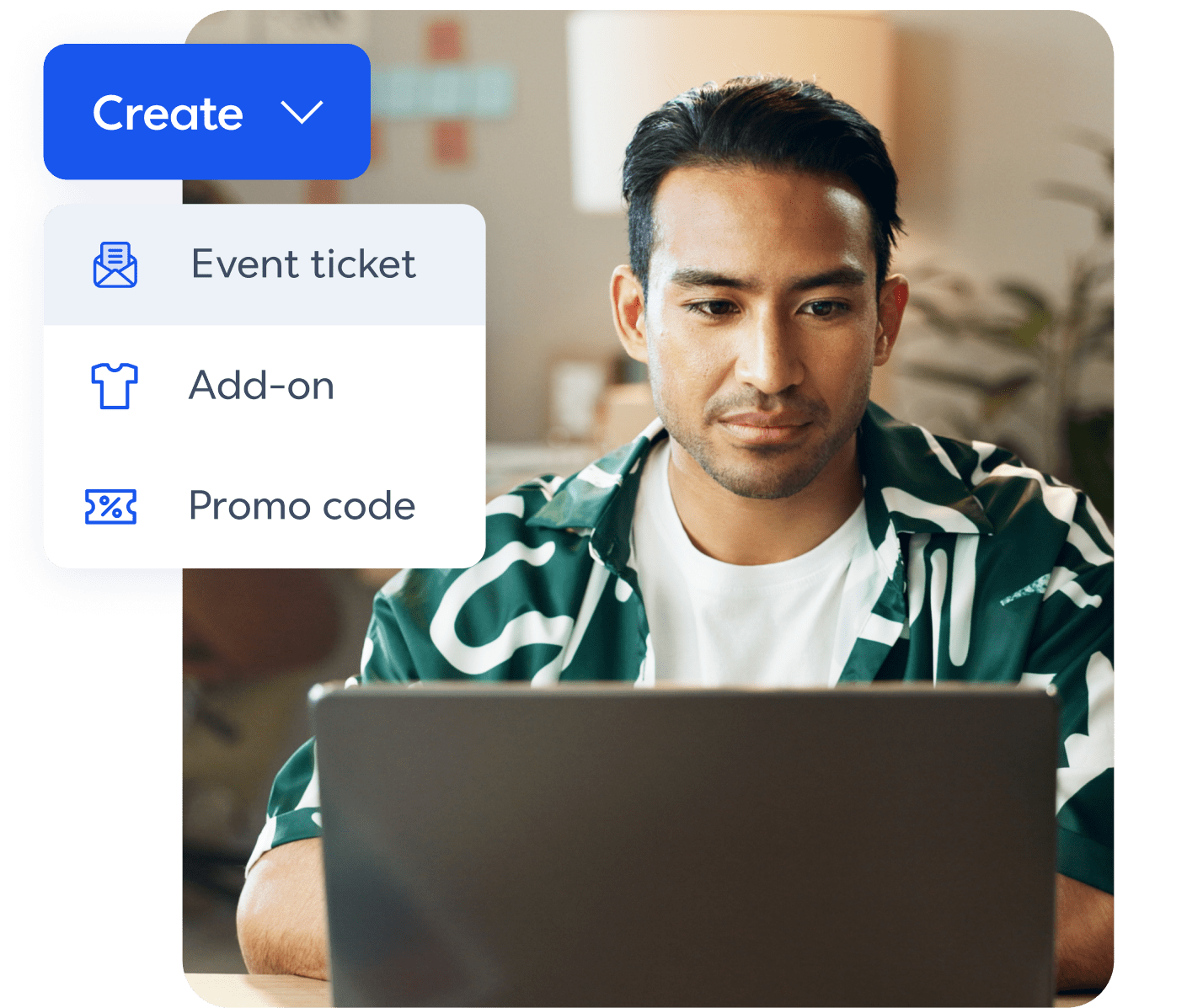 A man sitting at a computer with an graphic overlay of a button that says Create