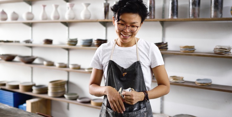 Constant Contact customer in their pottery studio.