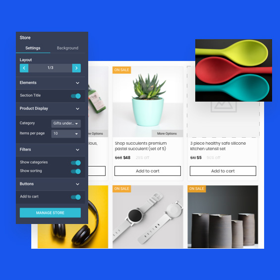 online store with shopping cart showing goods
