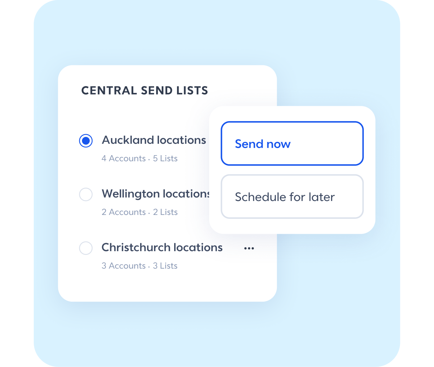 Central send tool with sample lists and send now or later options.