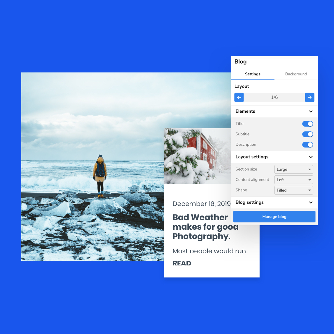 Image of a blog website with the website editor and a blogger traveling in the snow