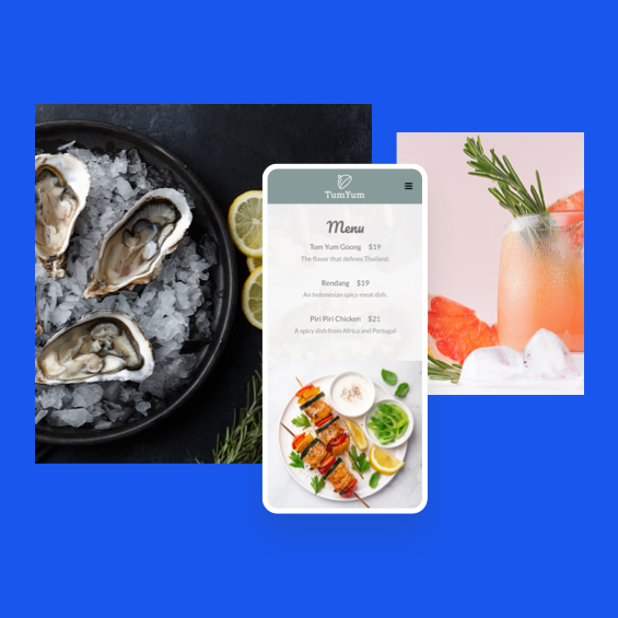Example of restaurant website on a mobile device with oysters and a drink in the background