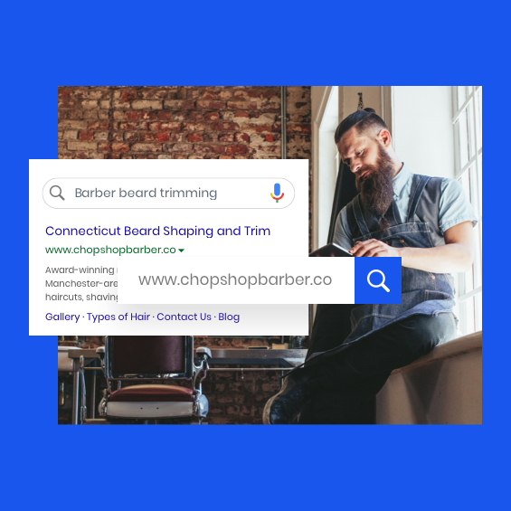 Online marketing search listing with a barber in the background