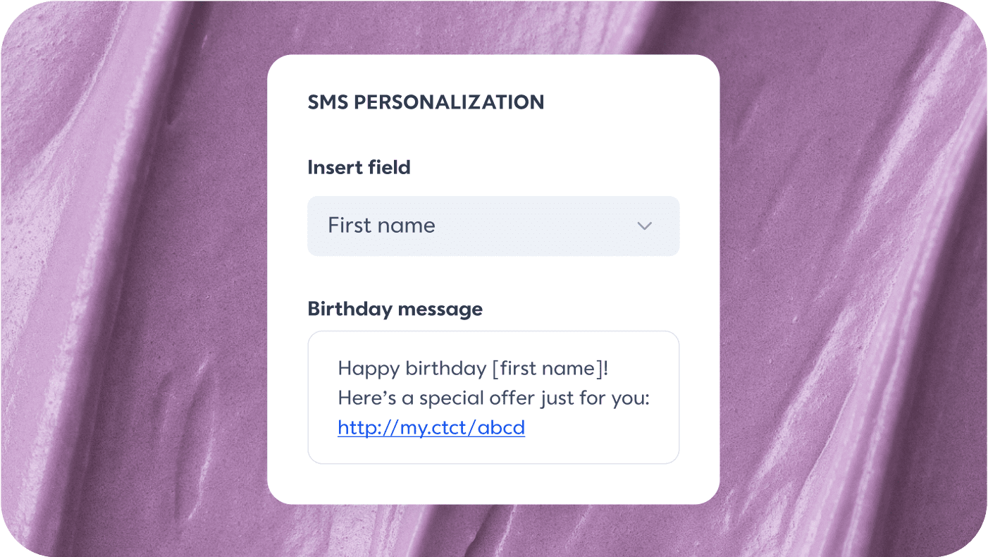 SMS personalization interface with first name field and a birthday message example