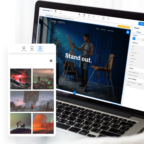 Personal website showing a portfolio photo gallery and the website builder editor