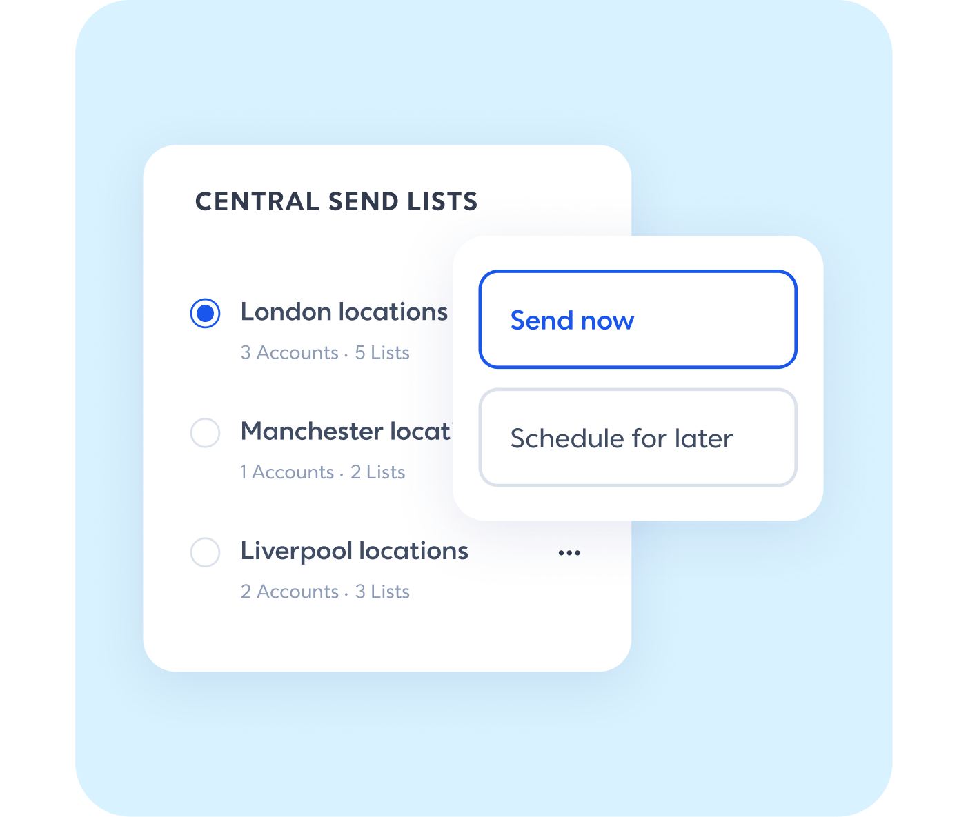 Central send tool with sample lists and send now or later options.
