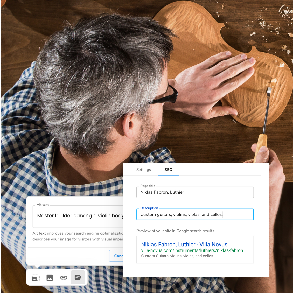 Online search result showing a violin crafter website with a man hand-carving a violin in the background