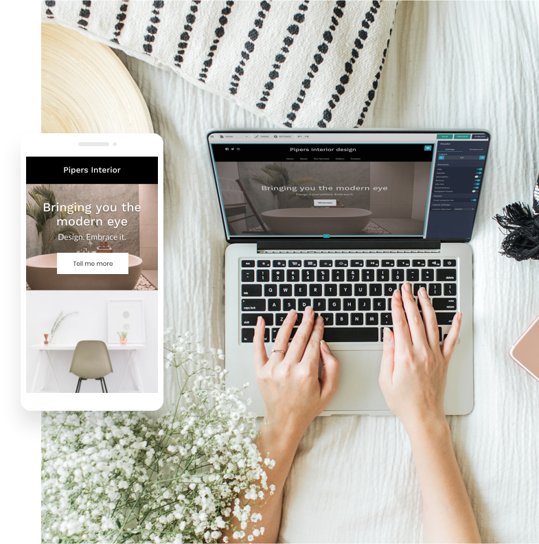 Website builder shown on mobile device and laptop