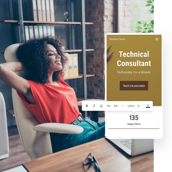 Image of a happy woman leaning back on her desk chair because she created a personal website