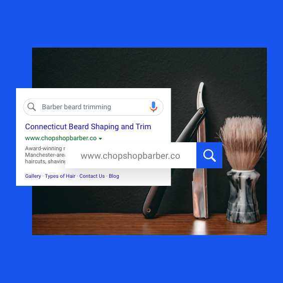 Beauty listing of a website with barber shop tools in background