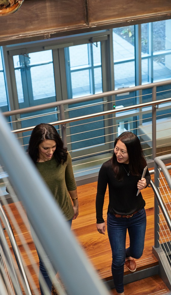 Two Constant Contact employees talking while they walk down the stairs.