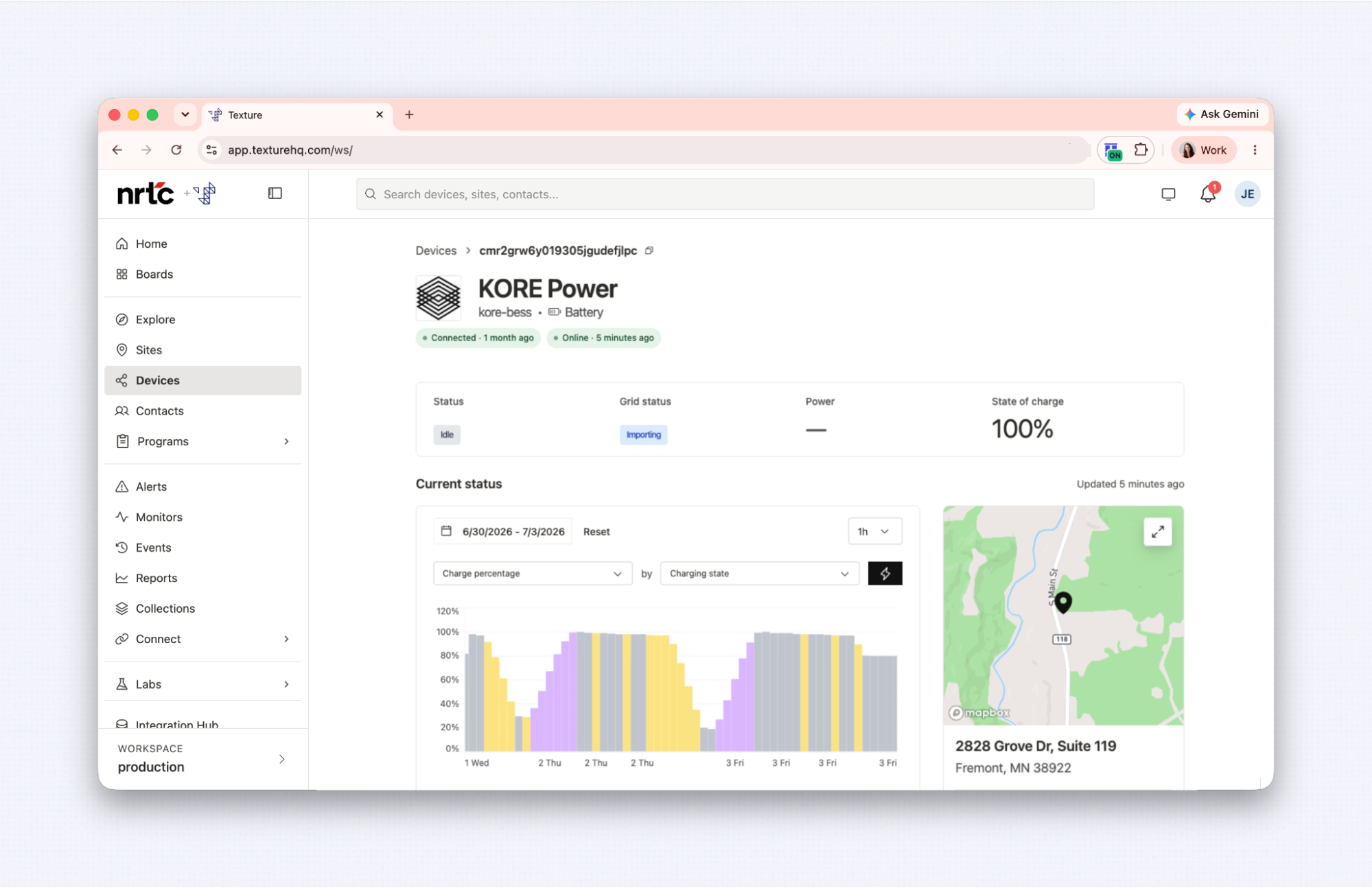 Utility-scale battery detail page with real world dispatch