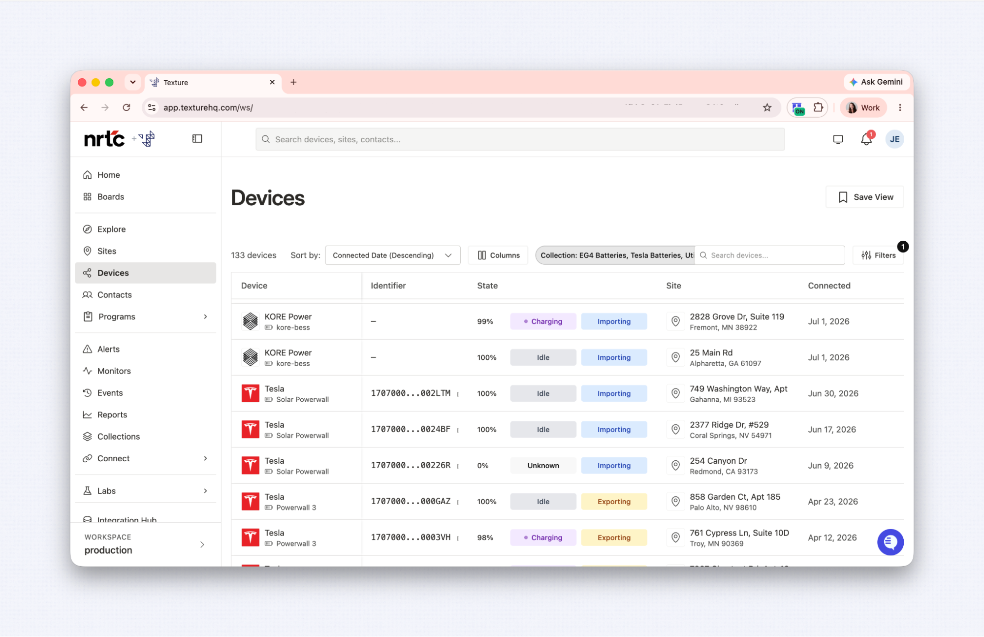 Texture operations dashboard showing all battery assets across a utility fleet in one platform