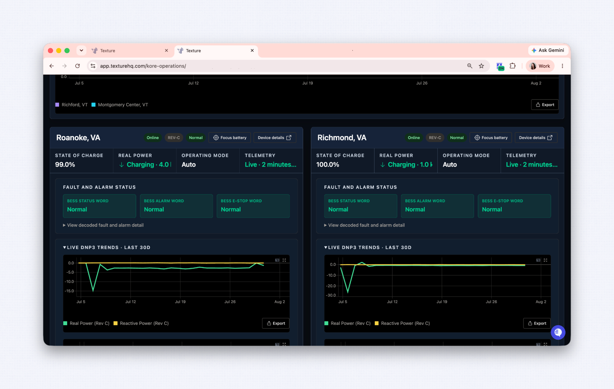 Texture operations dashboard showing utility-scale battery fleet status cards with state of charge and alarm status