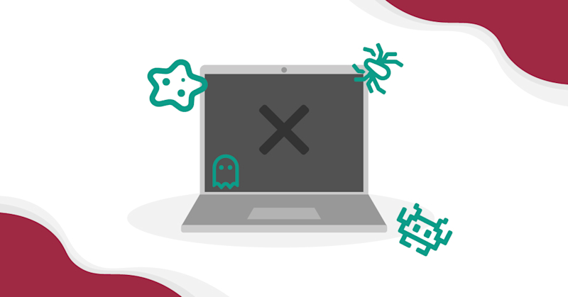 Bilden visar en illustration över en laptop med små virus, bakterier och datorbuggar runt omkring.